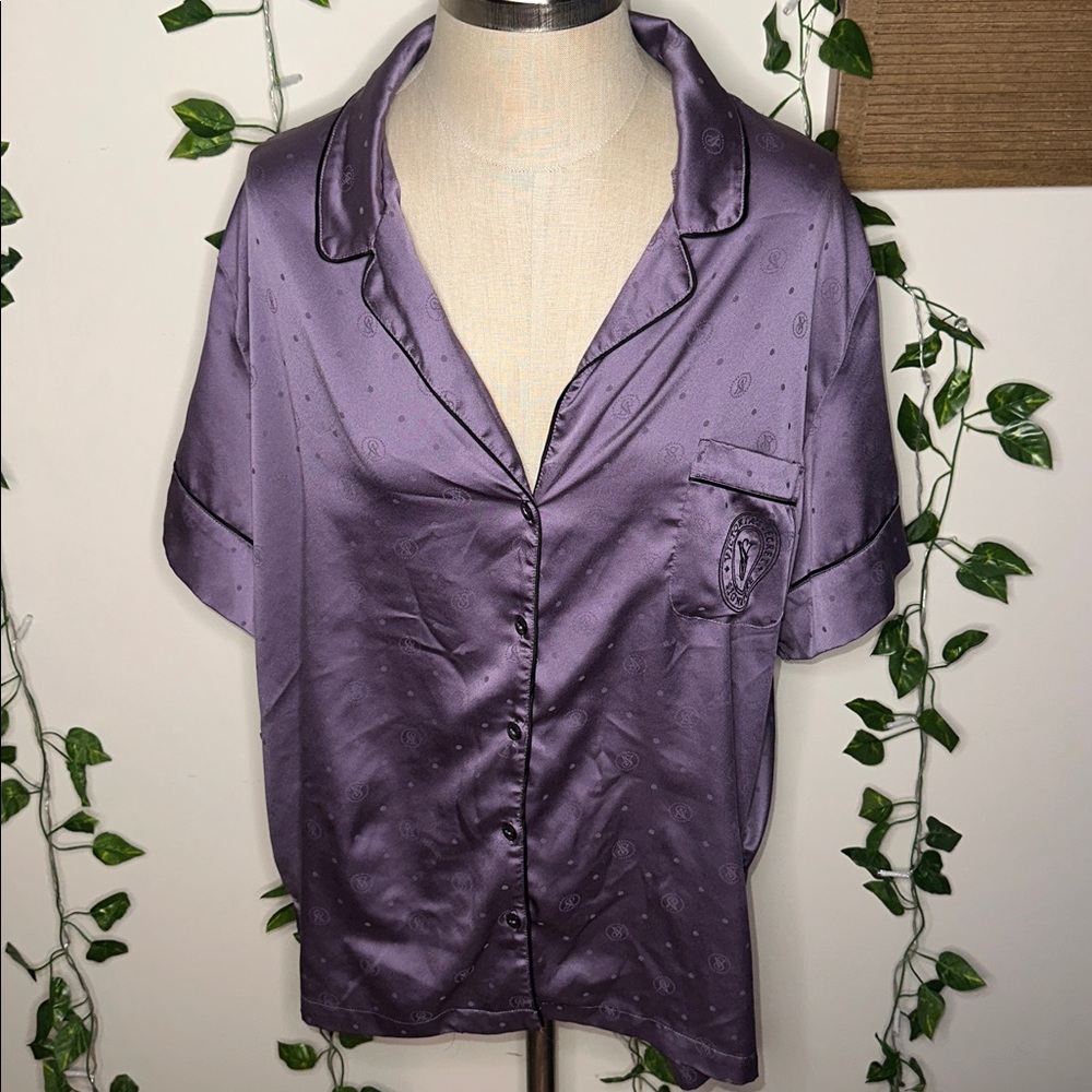 Victoria’s Secret Silky Style Button Up Pajama Shirt Purple Polka Dot - Picture 3 of 6